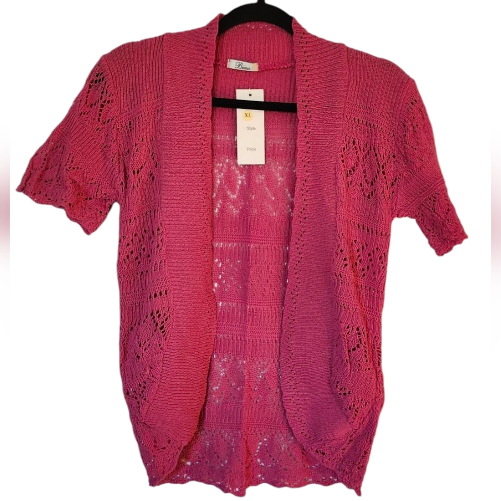 NWT Bina Pink Short Sleeve Knit Crochet Sweater Cardigan Top, Size XL